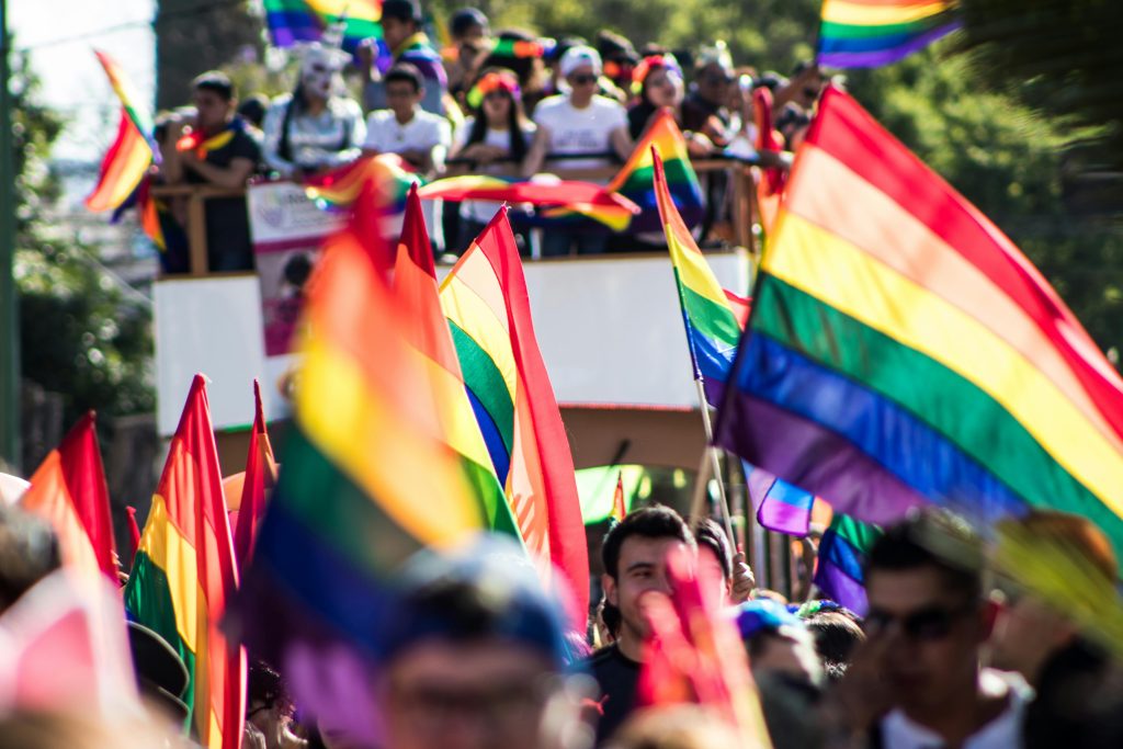 Rainbow flags in a crowd of people.